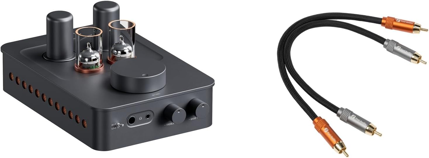 Fosi Audio GR70 Tube Headphone Amp Preamp Mini HiFi Preamplifier for Home Audio and 2RCA to 2RCA Cable 0.9Ft(0.3m) for Home Theater Systems