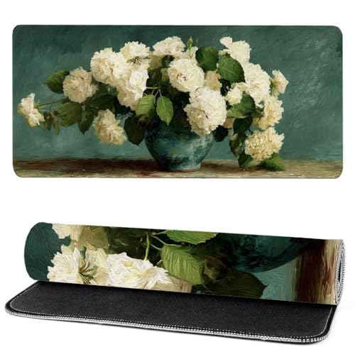 Alfombrilla Raton Blanco, Flor Mouse Pad 1200 x 600 x 3mm Gaming Mouse Pad, Superficie Inferior Antideslizante, Movimiento Ratón más Suave, Alfombrilla Escritorio, Mejora Precision y Velocidad ks-14