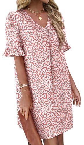 Image of OFEEFAN Summer Dresses for Women Ruffle Short Sleeve V Neck Casual Shift Dress with Pockets