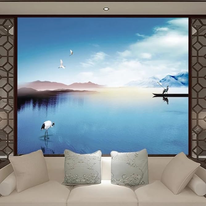 Papier peint mural 3D bleu lac paysage panoramique 300x210cm