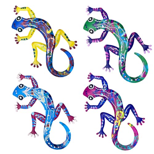 Decoración de pared de geco de metal, 4 piezas de adornos de jardín de colores vibrantes, esculturas de lagarto duraderas para exteriores e interiores, para valla, patio, decoración del hogar (azul