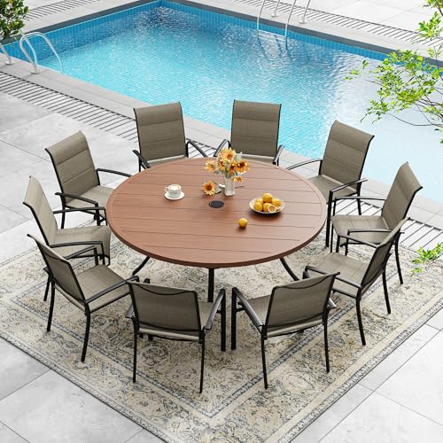 60 Round Outdoor Dining Set: Stylish Comfort for Backyard Gatherings 8 DIFY 11 Pieces Outdoor Patio Dining Set, 10 Brown Stackable Padded Textilene Dining Chairs and 60