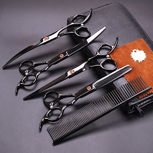 Professional Dog Grooming Scissors - 5-Piece Dog Grooming Shears 7-Inch - Dog Hair Trimming, Curved, Thinning Scissors, Comb In Case - Steel Pet Grooming Scissors - Modern Pet Grooming Scissors Kit #TOP6