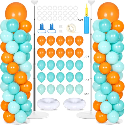 Image of 2 Sets Adjustable Balloon Column Stand Kit with Bases(Orange Teal Blue) | Reusable Stainless Steel Poles, 100 Balloons with Pump, Floor Decor, Graduation Birthday Holiday Anniversary Baby Shower