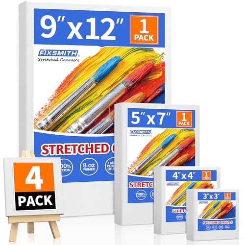 Image of FIXSMITH Stretched Canvas for Painting, 3 inchx3 inch, 4 inchx4 inch, 5 inchx7 inch, 9 inchx12 inch, Pack of 4, Pre-Primed Canvases Wood Framed Canvas Boards for Oil Acrylic Paint, Acid-Free Painting Canvas for Kids &Artists