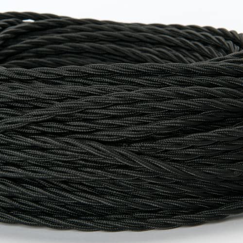 Kabel tekstylny do lamp czarny, pleciony, skręcany, kabel materiałowy, 50 m, z uziemieniem 3 x 0,75