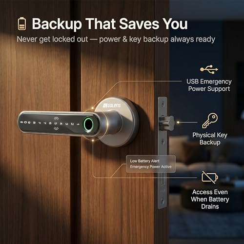 Image of Golens X39 Smart Door Lock | 6 Unlock Ways: Fingerprint, Password, RFID, OTP & Key | Anti-Peep Code | Passage Mode | Digital Door Knob for Home, Office l (Silver)