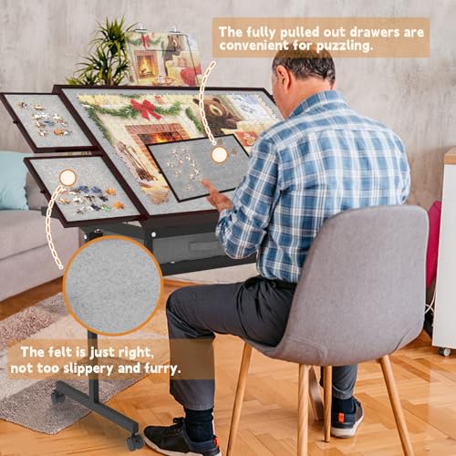 Image of Puzzle Table &Extra Storage Space,2000pcs Adjustable Five Up Angles Puzzle Tables for Adults with Drawers,Puzzle Board with Drawers