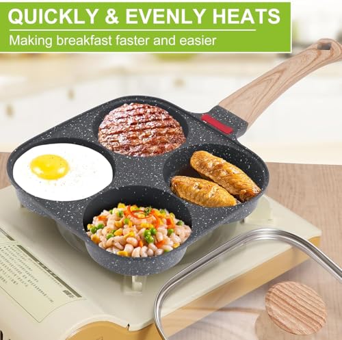 Image of Non-Stick 4-Hole Frying Pan for Cooking | Heavy-Duty Iron Egg Frying Pan with Wooden Handle | Multi-Section Omelette & Pancake Maker | Non-Stick Breakfast Skillet for Kitchen (Black)