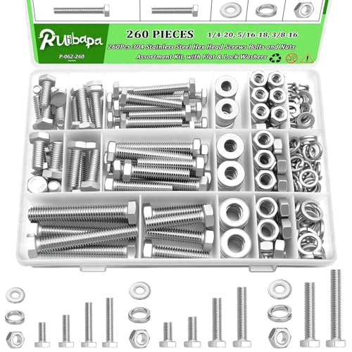 Image of 260Pcs Stainless Steel Hex Head Screws Bolts and Nuts Assortment Kit, with Flat & Lock Washers,1 /4-20, 5 /16-18, 3 /8-16 Assorted Hex Bolts Nuts and Washers Set, 18-8(304) Full Thread with Case