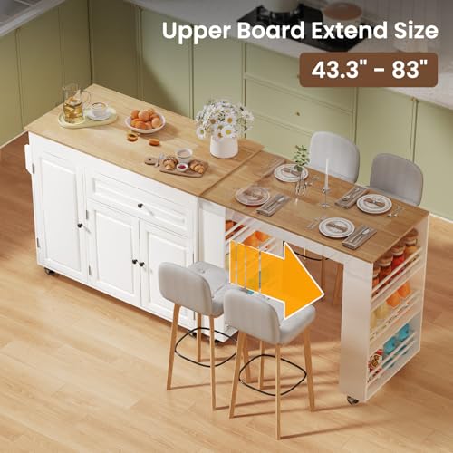 Rymeera 83\" Expandable Kitchen Island on Wheels with Storage & Dining Table, Mobile Kitchen Cart with Cabinet, 3 Shelves & Drawers, White (Extends from 48.4\" to 82.6\") - Thumbnail 3