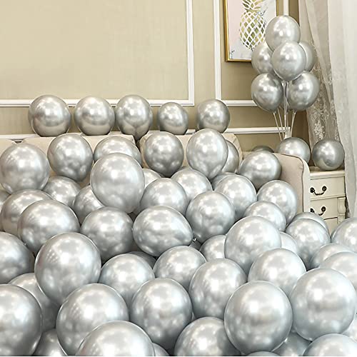 Image of 5 inch Metallic Silver Balloons, 100 pcs Thick Chrome Birthday Latex Helium Balloon (Metallic Silver)