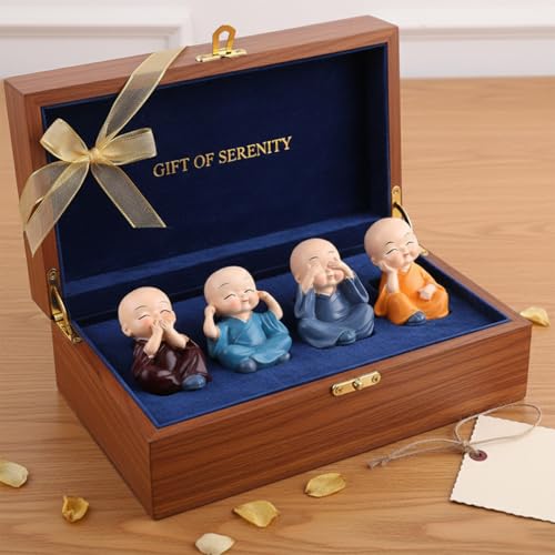 Image of Set of 4 Buddha Monks Cute Miniature Statues Figurines Showpiece for Car Dashboard Wall Shelf Table Desktop | Living Room Decoration Home Office Decor (Multicolor)
