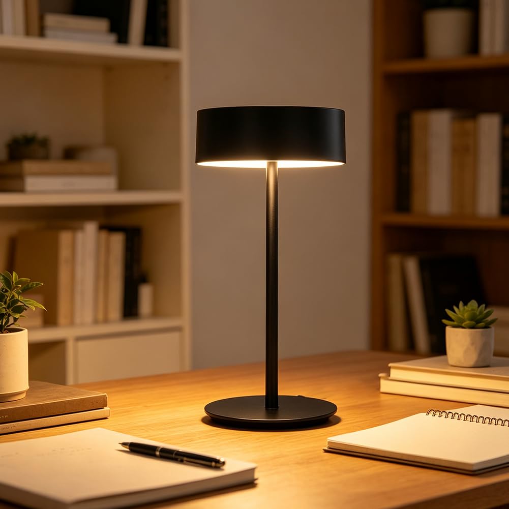 LED Tischlampe Kabellose Portable Akku Tischleuchte USB Aufladbar Aluminium Dimmbar Nachttischlampe Batteriebetrieben 3 Farbtemperatur Nachtlicht Touch Schalter für Esszimmer Terrasse,Schwarz
