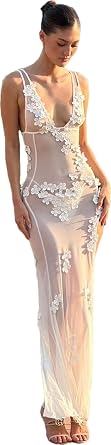 RanRui Womens lace 3D Flower Maxi Dress Deep V Sexy Backless Suspender Skirt mesh Perspective Three-Dimensional Flower Dress