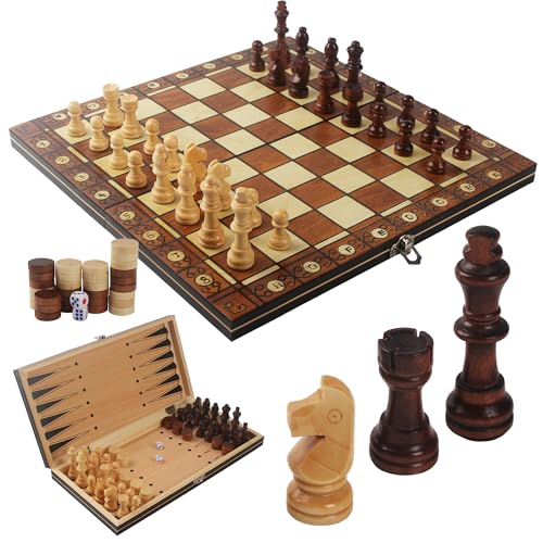 Scacchiera in Legno, 3 in 1, 34x34cm Scacchiera Magnetica Portatile, Gioco da Tavola per Bambini e Adulti