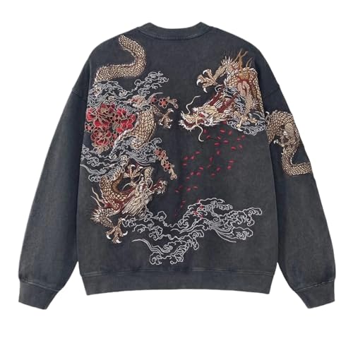 Sweat-shirt brodé dragon d'argent coton lavé gris foncé Wolong