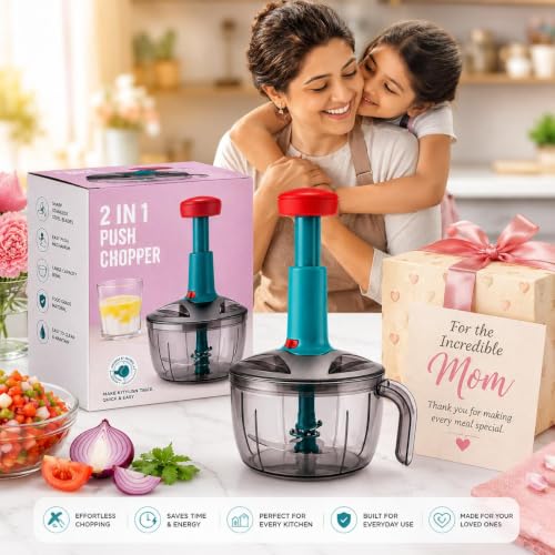 Image of DHANYAVEDA 2-in-1 Manual Push Chopper 1500 ml Large Vegetable Cutter with Sharp Stainless Steel Blades | Food Grade Onion, Tomato, Garlic, Fruit & Salad Chopper | GIFT FOR MOM (1500 ml)