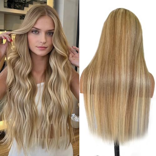 Image of Belaved 24 Inch Highlight Ombre Medium Brown Lace Front Wigs Human Hair Mix Blonde 13x6 Long Straight Balayage Blonde with Brown Roots 180% Density HD Lace Frontal Wig for Women Pre Plucked 8B60A