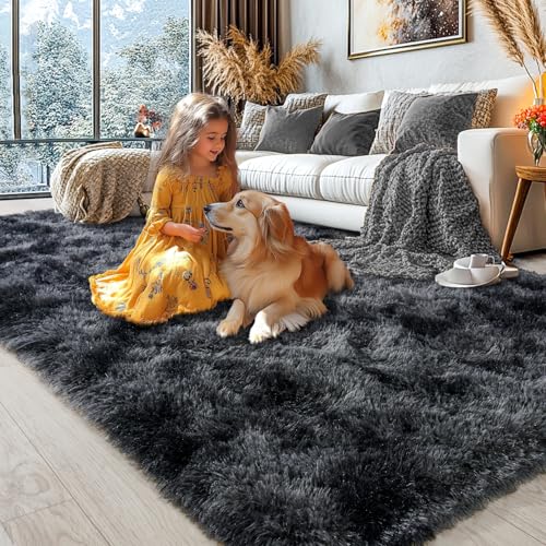 KING DARE 9x12 Area Rug for Living Room Plush Carpet, Soft Fluffy Shaggy Fuzzy Furry Large Tie-Dyed Black Gray Rug, Anti-Slip Washable Modern Floor Rug for Bedroom Home Aesthetic Decor