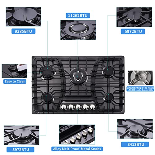Anlyter 30 Inch Gas Cooktop, 5 Burners Built-In Gas Stovetop Stainless Steel Lpg/Ng Convertible Gas Stove Dual Fuel Sealed Gas Hob - Black #TOP2