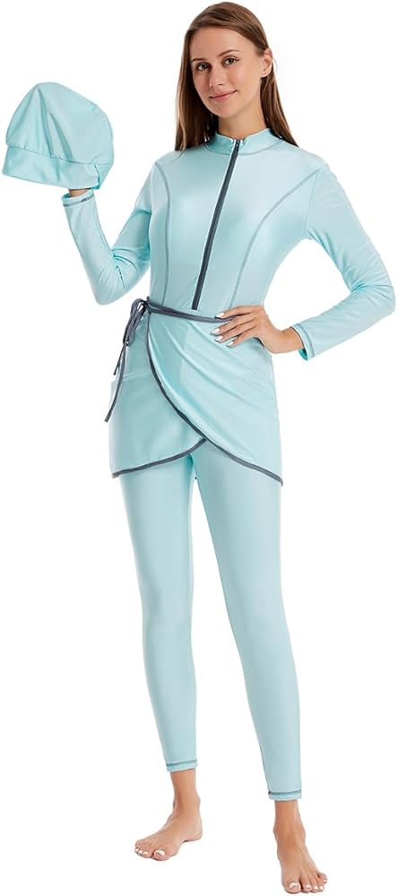Odizli Burkini - Costume da bagno da donna musulmana a maniche lunghe + costume da bagno + cuffia da bagno, 3 pezzi, Blu mare, S