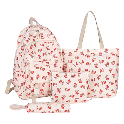 4 Pcs Set Cherry Backpack with Lunch Bag Backpack Set (Beige)