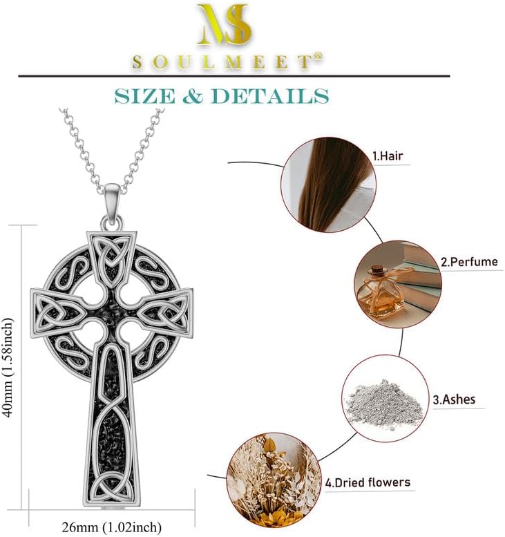 SOULMEET Celtic Cross Ashes Necklace for Men Women, Large Silver/Gold Irish Celtic Knot Cross Urn Locket for Ashes Keepsake Cremation Jewelry Gift for Loss Mommy Daddy