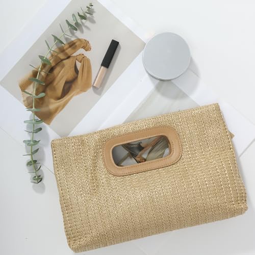 Image of Fecialy Straw Clutch Top Handle Clutch Handbags for Women Raffia Evening Bag Woven Beach Summer Bag Crossbody Purse