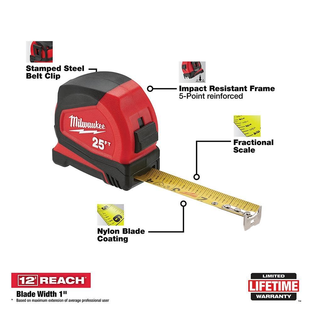 Milwaukee Electric Tool 48-22-6625 25', metro a nastro compatto,