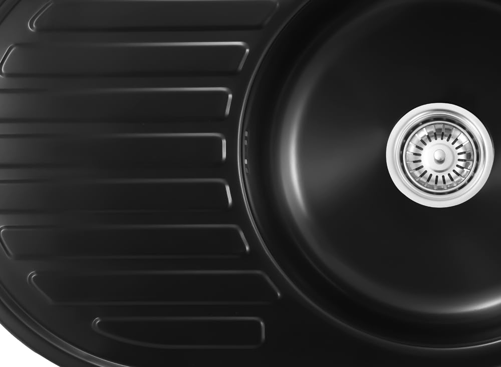 77X50X18 Fregadero cocina negro empotrable de acero inoxidable 304, grosor de material de 0,8 mm, cuadrado, 1 lavabo ovalado;1 seno