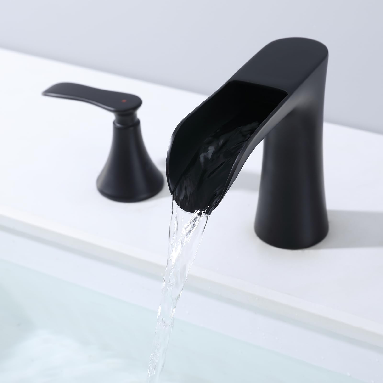 Two Handle 8inch Waterfall Bathroom Faucet Black Waterfall Faucet Widespread Bathroom Faucet Matte Black — view 6