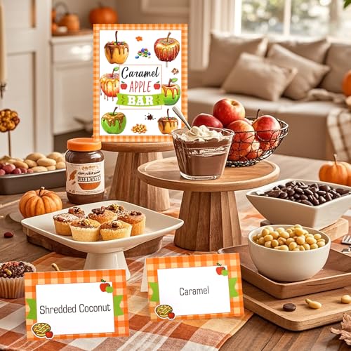 Image of Marspark 14 Pcs Caramel Apple Dipping Bar Station Decorating Set for DIY Candy Apple Corners Fall Dessert Table Sign with Stand and Cards for Fall Autumn Halloween Thanksgiving Table Decorations