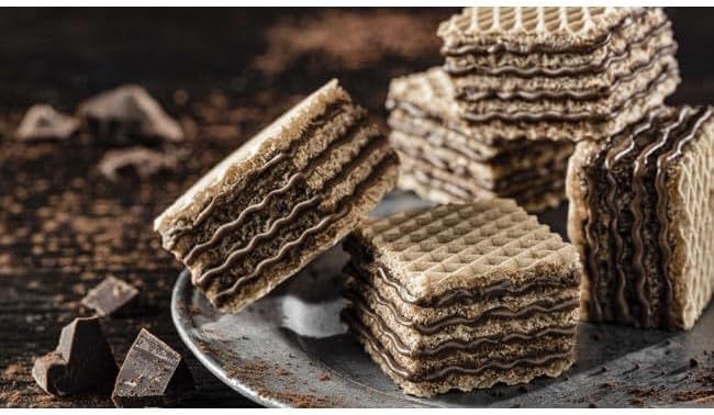 Close-up de diversos biscoitos wafer quadrados Loacker Quadratini sobre um prato metálico