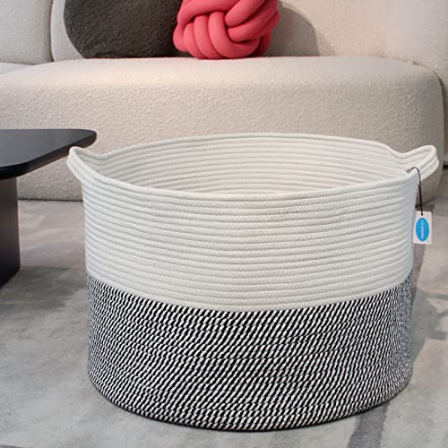 Casaphoria Xxxlarge Cotton Rope Basket For Living Room - Woven Storage Basket With Handle For Blankets, Towels And Pillows Laundry Hamper | White & Grey (21.7" X 21.7" X 13.8") #TOP5