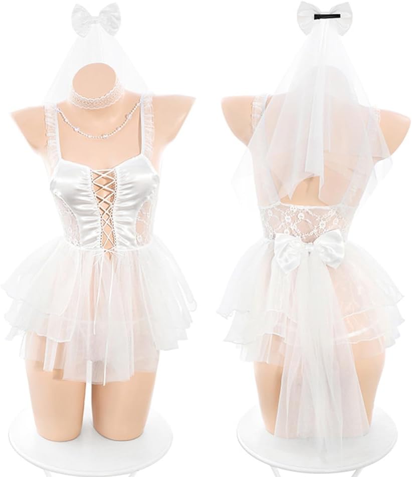 sexy Bridal Lingerie for women outfit Dress bodysuit Wedding Cosplay Costume Halloween Party Skirt Anime Roleplay lace Babydoll nightdress veil choker thong Set White