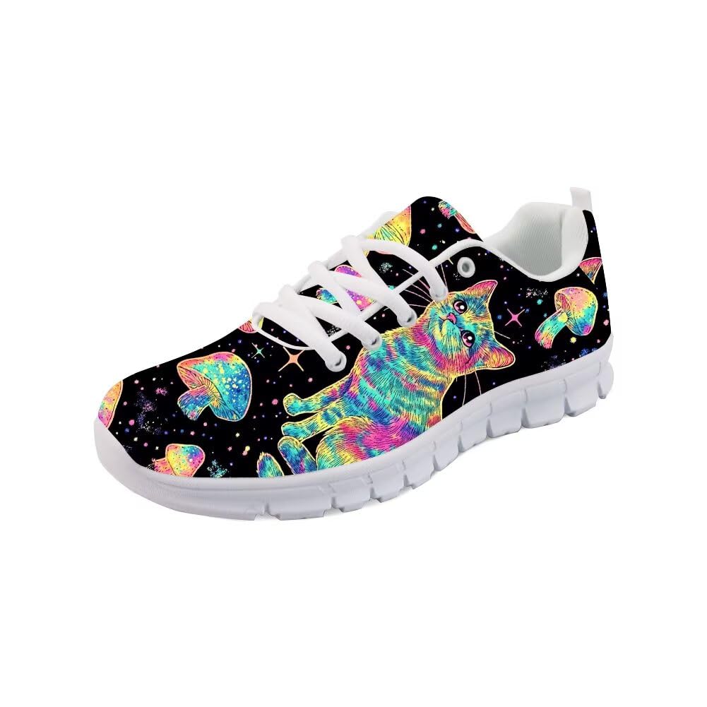 Forchrinse Cute Cat Print Women’s Running Tennis Shoes Walking Sneakers for Y2K Girls Mesh Lace up Sport Athletic Shoes Lightweight
