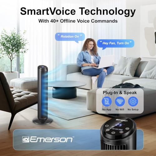 Image of Emerson SmartVoice 29 inch Tower Fan, Wi-Fi Free Voice Control, Smart Tower Fan for Bedroom, 70 Oscillating, 3 Wind Speeds, 15-Hr Timer, Sleep Mode & Remote Control