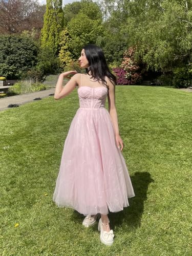 Cudiew Glitter Tulle Prom Dress Tea Length for Women A Line Sparkly Formal Evening Party Gowns2