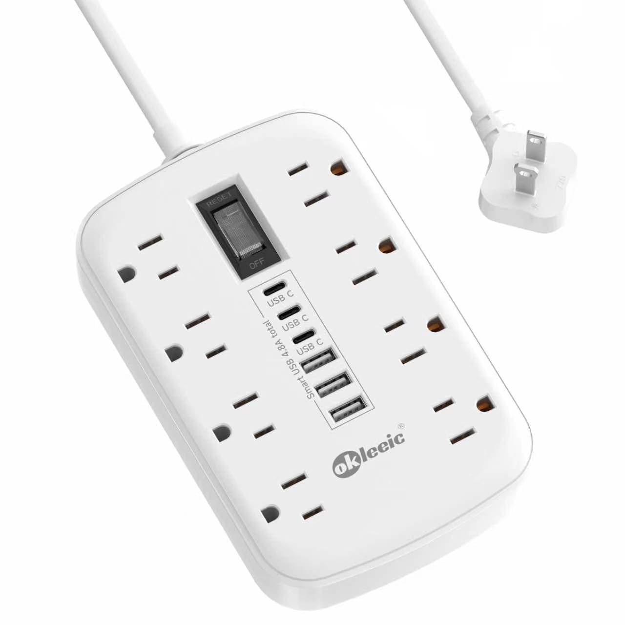 2 Prong Power Strip 5ft Extension Cord, 3 to 2 Prong Outlet Adapter | 2 Prong Surge Protector with Thin Flat Polarized Plug, 8 AC & 6 USB, Wall Mount for Non-Grounded Outlet, Ideal for Old House