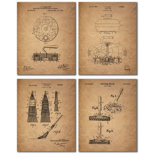 Curling Patent Prints - Set of 4 Vintage Decor Wall Art Photos
