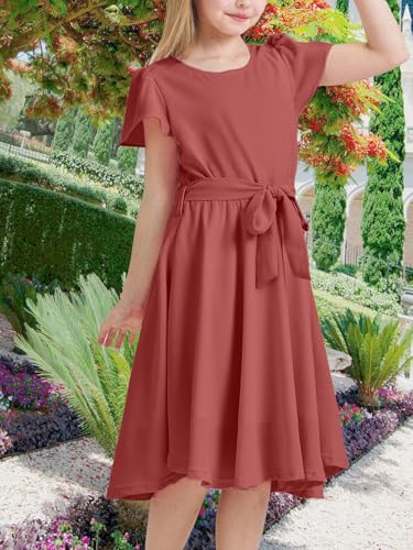 Girls Summer Ruffled Sleeveless Dresses Crew Neck Belt Formal Fit Knee High A Line Party Wedding Midi Dress3