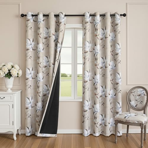 Image of MYSKY HOME 95% Floral Boho Blackout Curtains 84 Inches Long 2 Panels Set for Living Room - Thermal Insulated Energy Efficient White Flower Patterned Grommet Window Drapes for Home, 2 Pcs, 52 inchW, Khaki