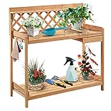 Giantex Potting Bench Garden Potting Benches Outdoor Planting and Gardening Work Station Solid Wood Construction Potting Table with Side Drawer and Rack Shelves 44