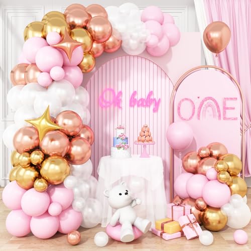 Image of Pink White Balloon Arch Kit, Pink Gold Garland with Rose Gold Star Balloons | for Birthday Baby Shower Bridal Shower Wedding Engagement Anniversary Princess Party Backdrop Decor