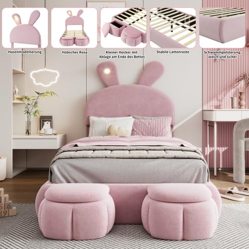Cama juvenil con luces LED integradas y banco de almacenaje en terciopelo rosa 4
