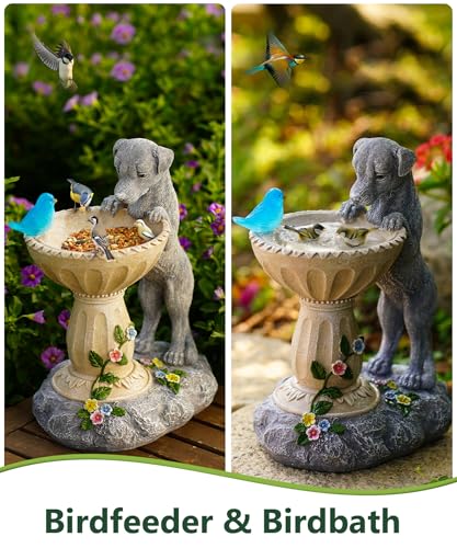 Goodeco Solar-Hundestatue mit Vogeltränke, wasserdichte Harz-Skulptur mit Solar-Vogellichtern, Garten-Hunde-Geschenke für Frauen/Mutter/Oma, Dekoration – Grau