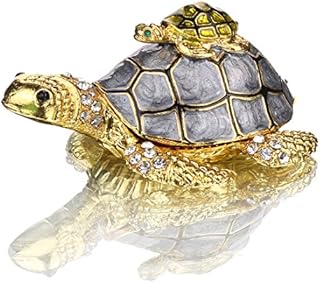 H&D Turtle Trinket Jewelry Box with Rhinestones,Mother Tortoise Hinged Trinket Box,Hand-painted Figurine Collectible Ring Holder