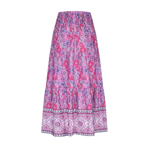 Boho Floral Pleated Long Skirts for Women Summer Casual Elastic High Waisted Skirts A-Line Flowy Swing Maxi Skirt4