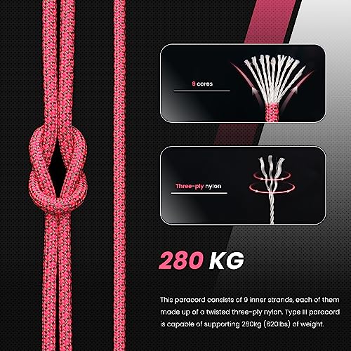 Abma Cord Paracord 620 lbs 4mm 9 Strands 100% Nylon 30M - Grey & Neon Pink, Diamond-grey & Neon Pink, 30 Meters - Image 3